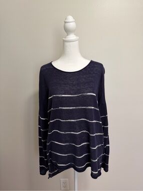 Eileen Fisher organic linen knit navy blue white stripes scoop neck sweater S